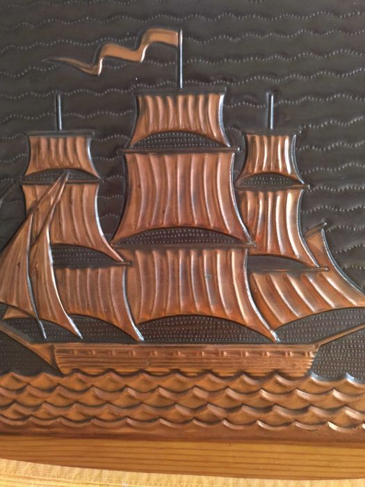 Żaglowiec, statek, obraz wypukły w miedzi, unikatowy 36x26