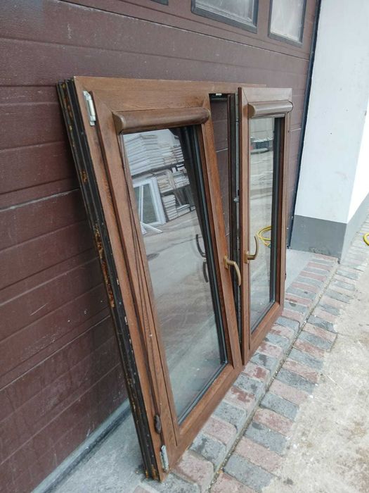 Okno dwuskrzydłowe orzech 142x138 okna brąz brązowe DOWÓZ CAŁY KRAJ