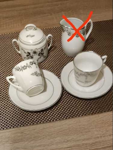 Porcelana 2 filiżanki+ cukiernica posrebrzane