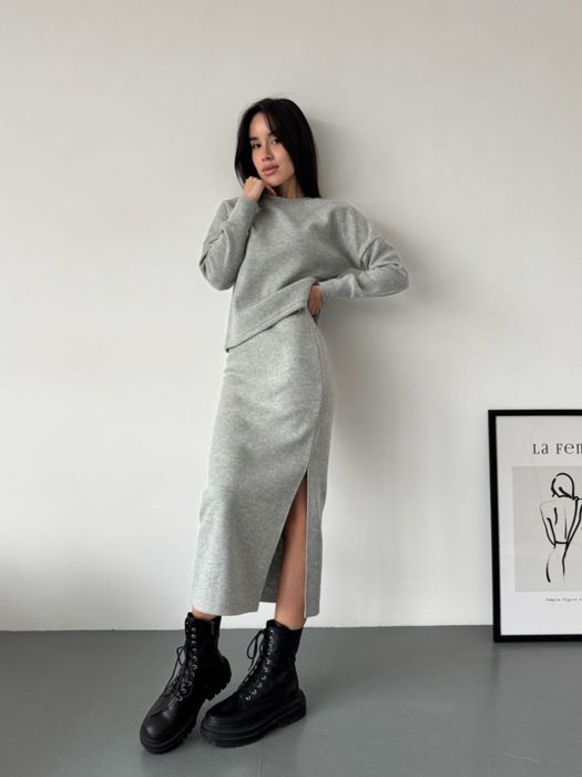 Теплий жіночий костюм; кофта + спідниця з розрізом. Ангор, вʼязка