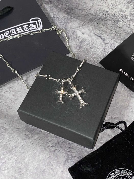 Парні кулони Chrome Hearts / Підвіски Хром Хартс хрест срібні з камінням
