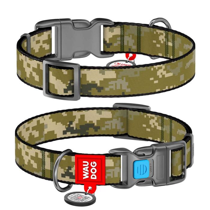 NOVO - Coleira em Nylon WAUDOG com Estampados Exclusivos e Medalha QR – Fecho em Metal ou Plástico