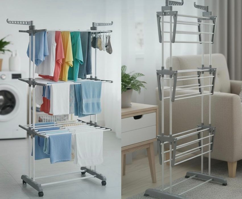 Novo - Estendal vertical dobrável de pé 30 m 3 níveis com rodas