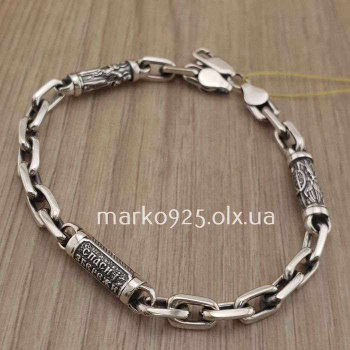 Чоловічий срібний браслет якірний зі вставками святих Цепочка на руку