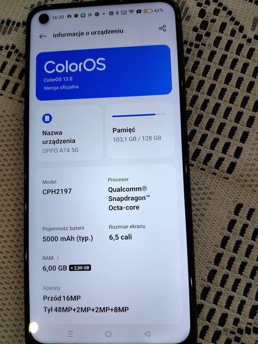 Telefon komórkowy OppoA74 5G 128GB