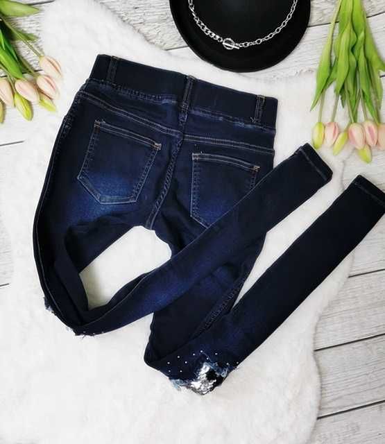 Spodnie Jeansy Tregginsy Rurki Wysoki Stan Zdobione Cekiny Boho Rock S
