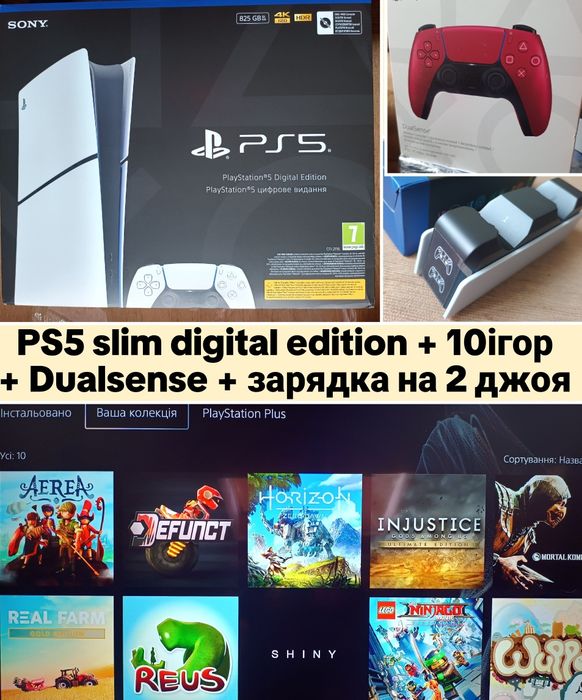 Playstation 5 slim digital edition нова,  2 джойстики,зарядка,10 ігор