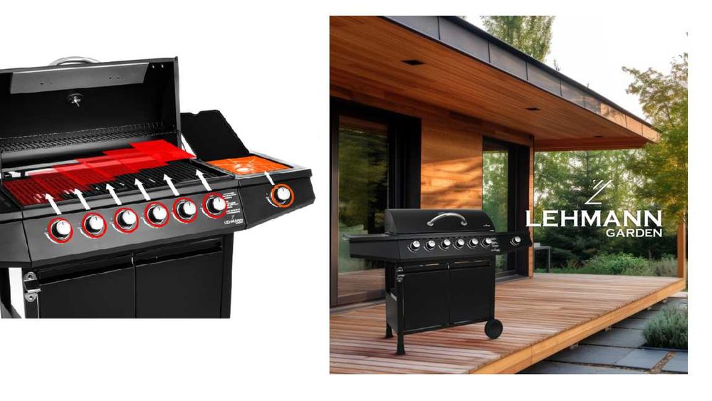 Grill gazowy ogrodowy żeliwny Lehmann Vegas ruszt 6+1 srebrny