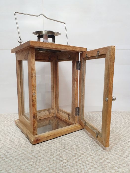 Ліхтар-свічник дерев'яний зі склом та металом, 27×19см