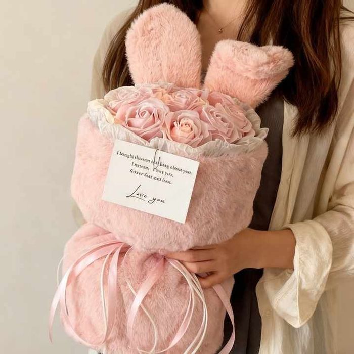 1 Букет Штучних Квітів "Довгошерстий Кролик-Троянда", Подарунок на Ден