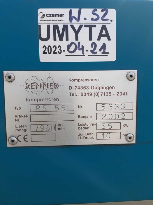 SPRAWNA!!! Sprężarka śrubowa RENNER RS55, 55kW, 7,96m3/min, S013547