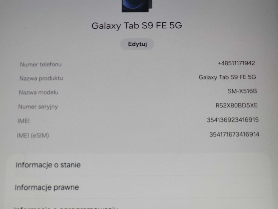 3224/25 Tablet Samsung Galaxy Tab S9 FE 5G 6GB/128GB NOWY!!