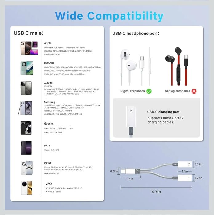 Rozdzielacz USB-C, podwójny adapter słuchawkowy i ładowarka USB-C