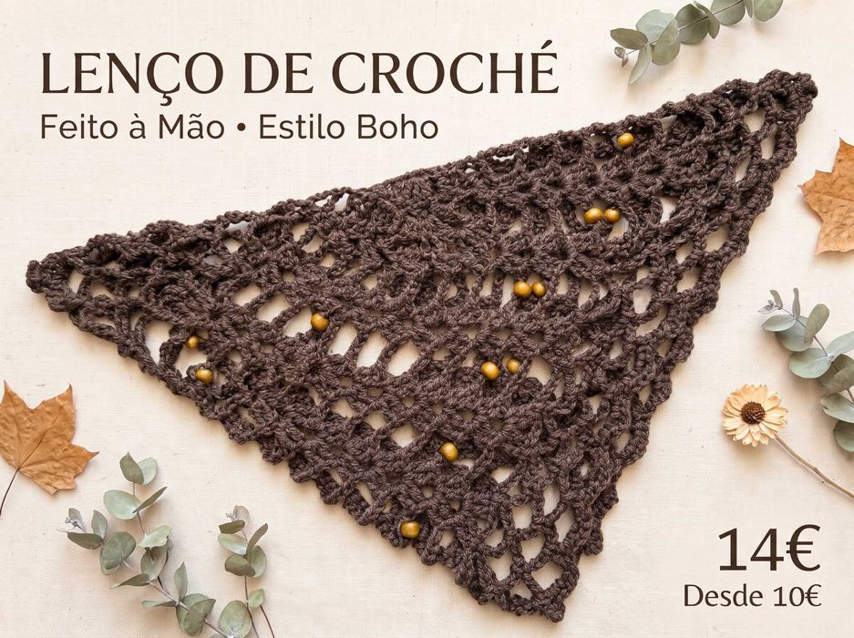 Lenço / Bandana Triangular em Croché com Contas – Artesanal (Várias Cores)