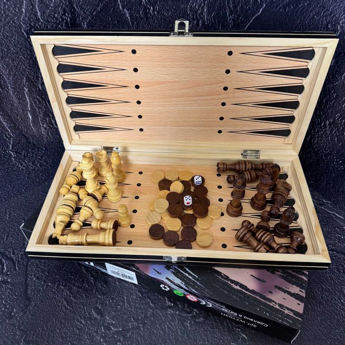 Шахматы, шашки, нарды 3в1 деревянные с магнитом 7703 (доска 34x34 см)