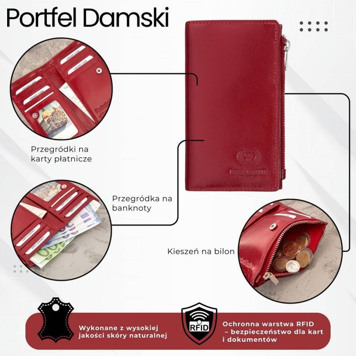 Portfel damski skórzany duży czerwony z ochroną RFID Paolo Peruzzi