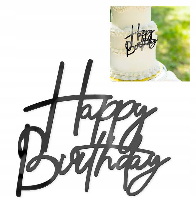 Topper Na Bok Tortu Happy Birthday Czarny Dekoracja Tort Urodziny