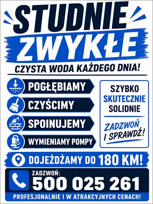 Czyszczenie, pogłebianie studni tradycyjnych i głębinowych