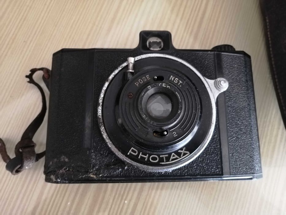 antiga máquina fotografica photax com bolsa em cabedal