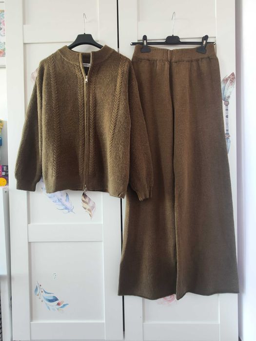 Dzianinowy zestaw sweter +spodnie wide leg wiskoza warkocz M L