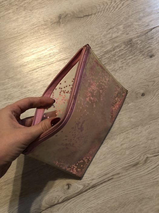 Kosmetyczka, piórnik przezroczysty, różowy z brokatem