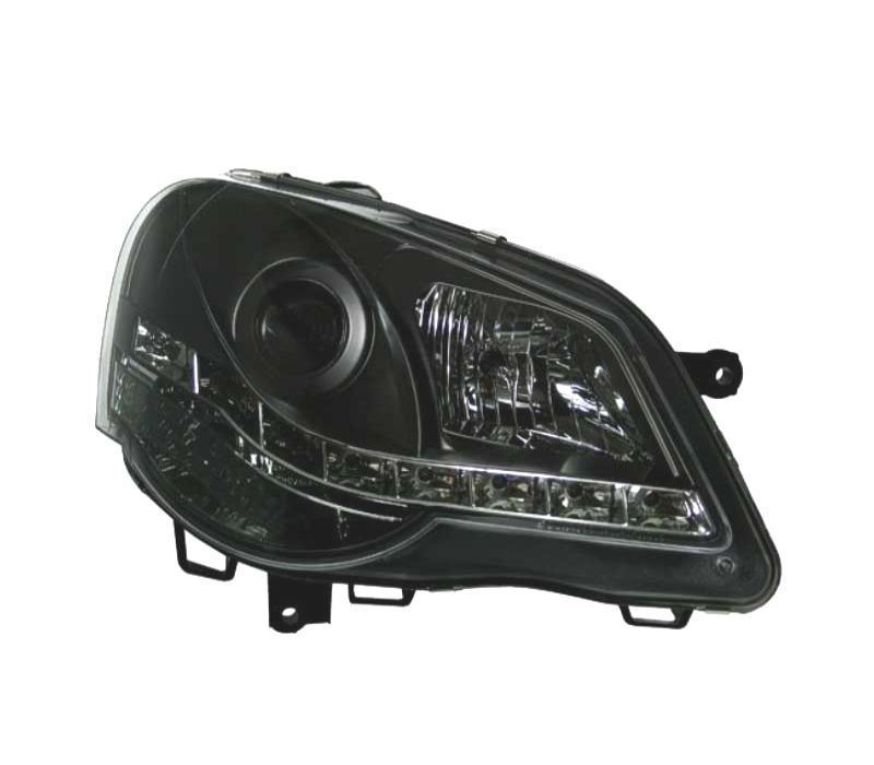 FARÓIS FRONTAIS COM LUZ DIURNA LED PARA VOLKSWAGEN VW POLO 9N3,05-09 FUNDO PRETO