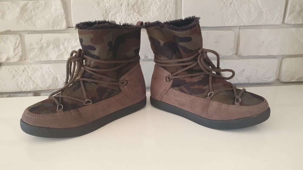 Damskie botki/śniegowce/Eskimoski khaki/moro piórka/koraliki 36