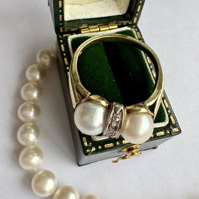 Art Deco Austria lata 20-te Pierścionek Złoto 14k Perły Diamenty R16