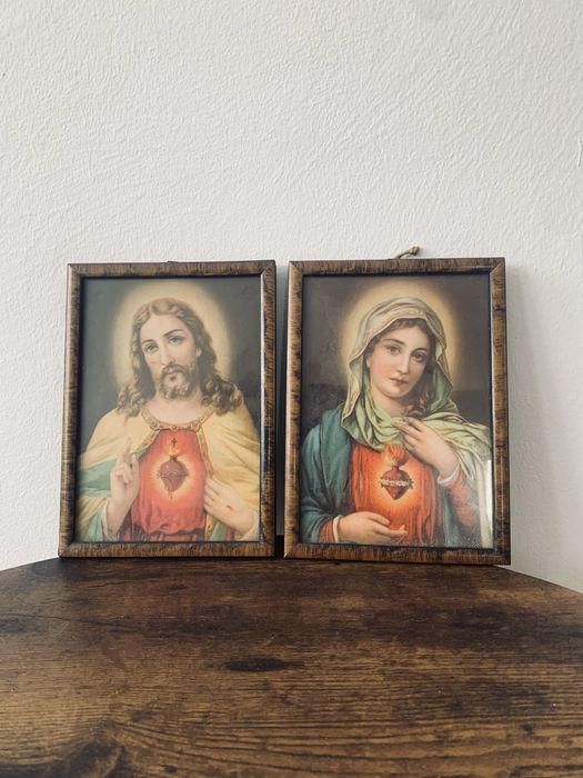Dwa piękne obrazy religijne Maryja Jezus stare