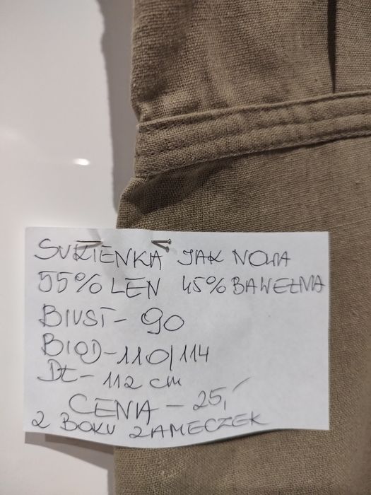 Beżowa bardzo ładna sukienka len + bawełna