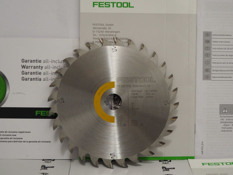 Pila tarcza do drewna FESTOOL do pilarka TS 55 drewno MDF HDF hk hkc Tsc 55 wym, 160x 1,8 x20mm mod. 205-551