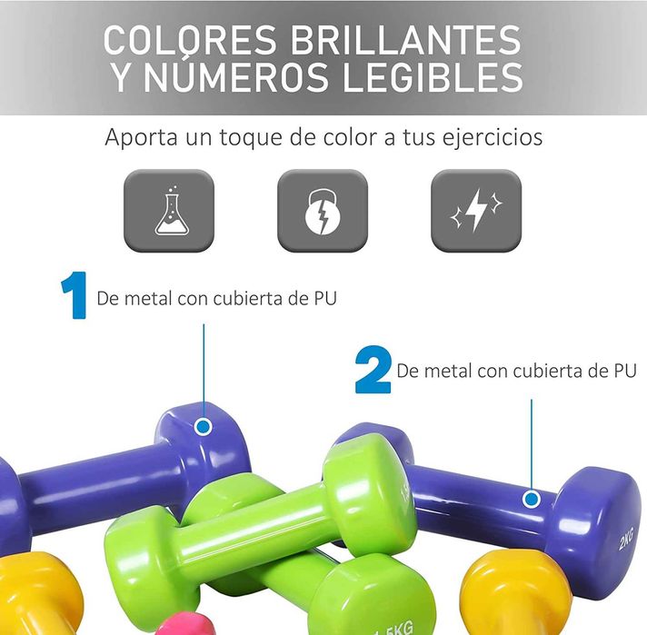 Conjunto de 8 halteres, 4 pares de 0,5 kg, 1 kg, 1,5 kg, 2 kg e caixa