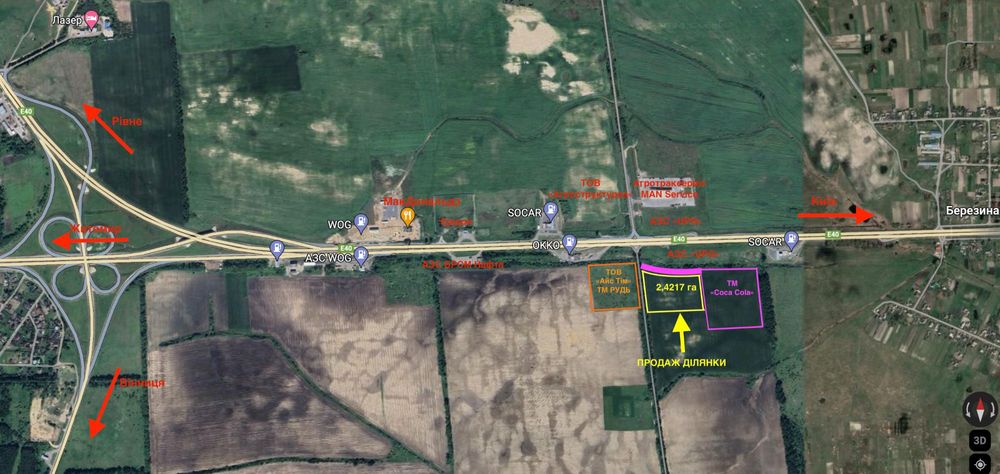 Земельна ділянка під комерцію траса Київ - Чоп поблизу Житомира