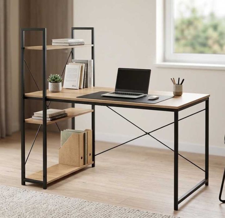 Biurko Komputerowe z Regałem Półkami Loft Płyta Laminowana Jasny Dąb 120cm