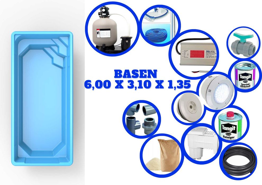 Basen ogrodowy wkopywany 6,00x3,10x1,35 komplet PRODUCENT gwarancja