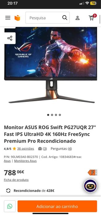 Monitor Asus Rog Swift PG27UQR 27”- Excelente estad