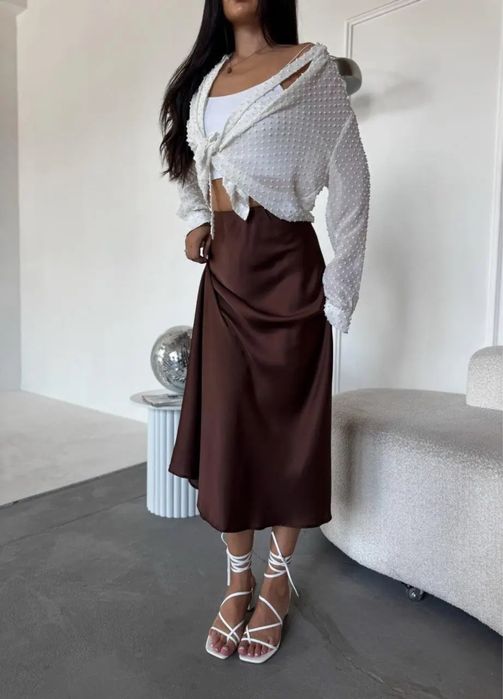 Шовкова спідниця міді шоколад, коричнева на резинці, 42-44