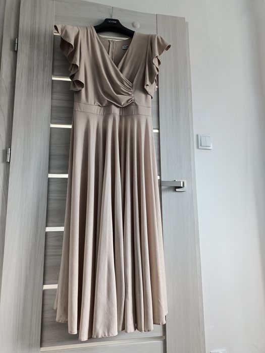 Sukienka maxi beżowa złoty brokat