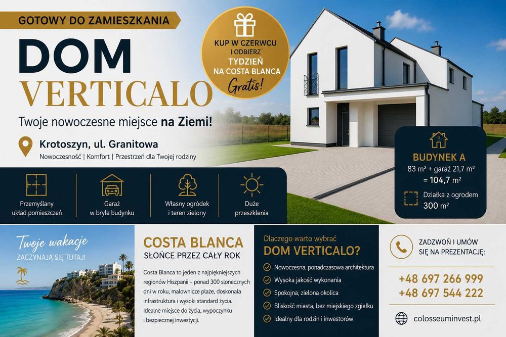 TYLKO W CZERWCU: WAKACJE NA COSTA BLANCA GRATIS | DOM VERTICALO | GOTOWY DO ZAMIESZKANIA | KROTOSZYN