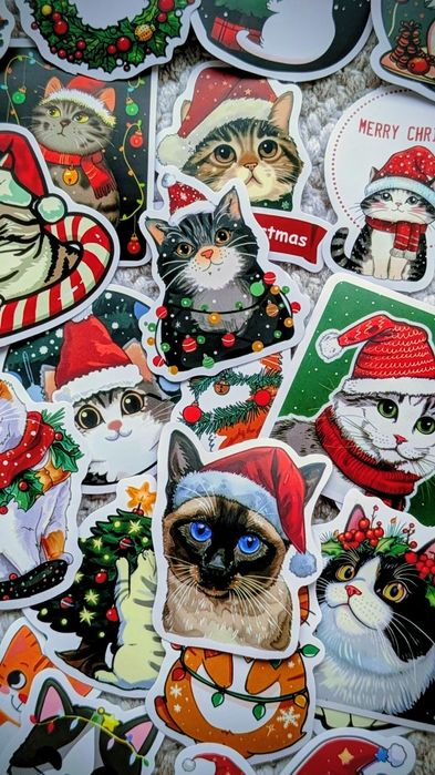Набор наклеек новогодние коты Merry Christmas Santa Claus cat стикеры