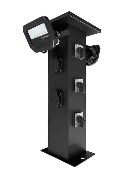 Słupek ogrodowy aluminiowy, czarny z oświetleniem, gniazda 2x16A 230V