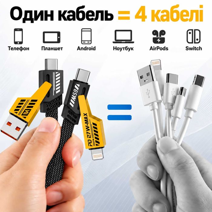 Зарядний кабель 4-в-1 PD 65W, довжина 1м (USB + Type-C → Type-C + Lightning) для iPhone, MacBook, Android, ноутбука і т д