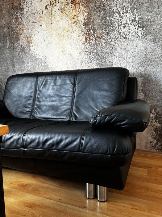 Zestaw wypoczynkowy 3-częśc czarny, kanapa, sofa, skóra naturalna