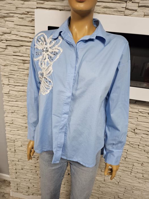 Koszula przewiewna z kwiatem bawełna cekiny baby blue włoska Made in I