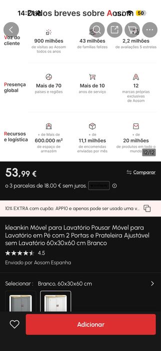 Móvel para lavatório de pousar (novo na caixa)