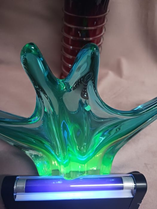 Murano uranowe szklo  40 cm śliczny kolor patera duza