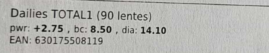 Lentes Dailies Total1 PWR: +2.75, BC: 8.5 , Dia 14.10