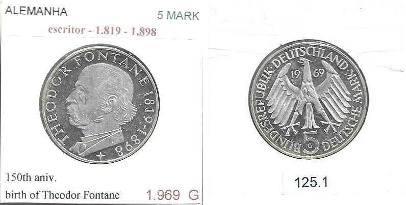 Alemanha - -- 5 Mark - 1969-G - -  Theodor Fontane - -  Moeda de Prata