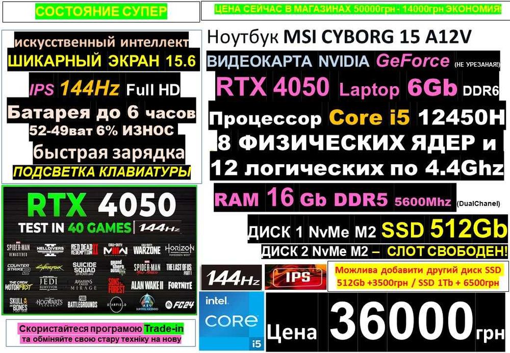 є 99+ Ноутбуківℹ️Treid-In‼️MSI CYBORG‼️RTX4050 6Gb‼️SSD 512Gb/RAM 16Gb