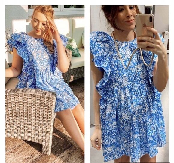 Плаття Zara міні, синє з білими квітами бавовна 100% розмір XS